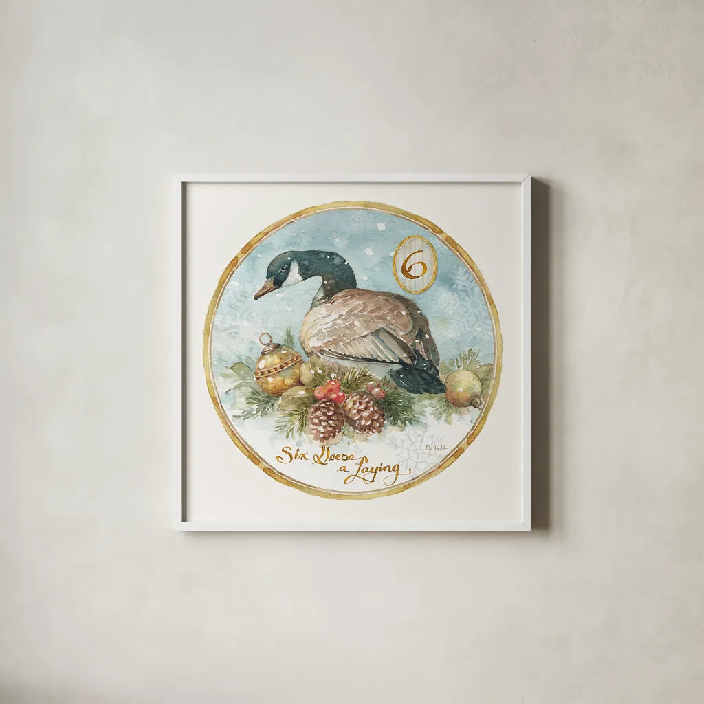 12 Days of Christmas VI Round by Lisa Audit. Shown in a crisp white glass frame for a clean and minimalist style. Available as an archival giclee rolled canvas, fine art paper, or poster print. SKU 32433a.