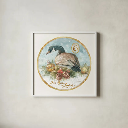 12 Days of Christmas VI Round by Lisa Audit. Shown in a crisp white glass frame for a clean and minimalist style. Available as an archival giclee rolled canvas, fine art paper, or poster print. SKU 32433a.