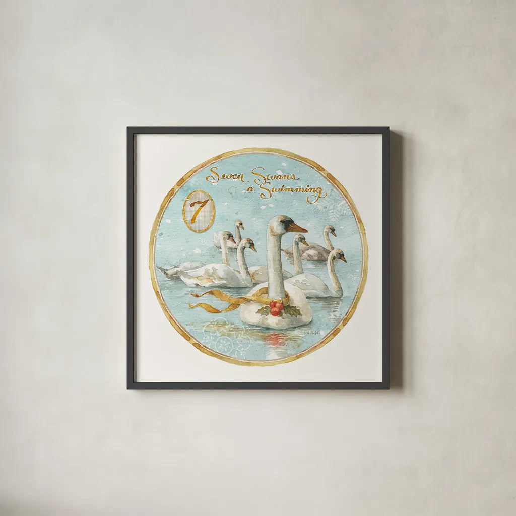 12 Days of Christmas VII Round by Lisa Audit. Shown in a sleek black glass frame for a contemporary gallery look. Available as an archival giclee rolled canvas, fine art paper, or poster print. SKU 32434a.