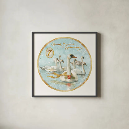 12 Days of Christmas VII Round by Lisa Audit. Shown in a sleek black glass frame for a contemporary gallery look. Available as an archival giclee rolled canvas, fine art paper, or poster print. SKU 32434a.