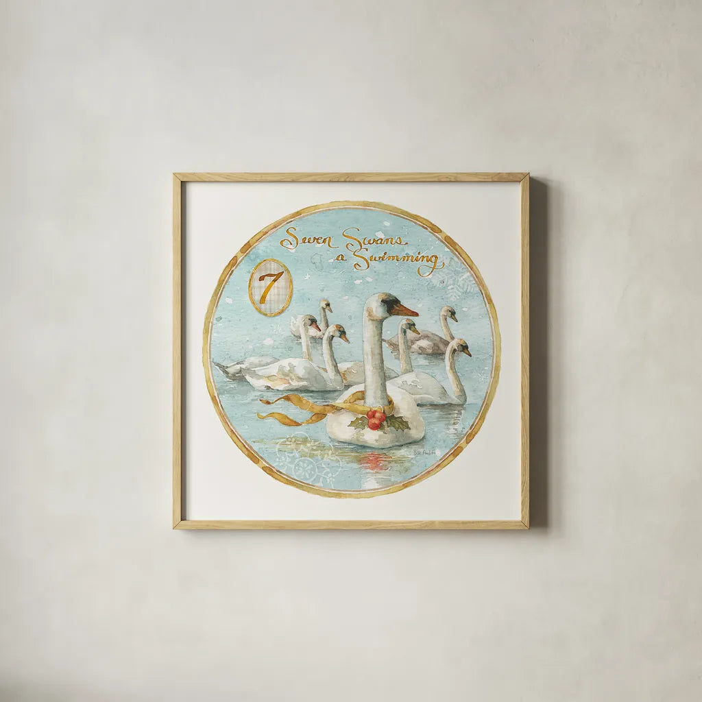 12 Days of Christmas VII Round by Lisa Audit. Shown in a natural wood glass frame for a timeless modern aesthetic. Available as an archival giclee rolled canvas, fine art paper, or poster print. SKU 32434a.