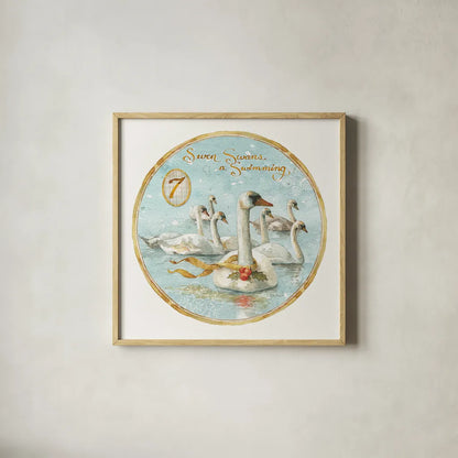 12 Days of Christmas VII Round by Lisa Audit. Shown in a natural wood glass frame for a timeless modern aesthetic. Available as an archival giclee rolled canvas, fine art paper, or poster print. SKU 32434a.