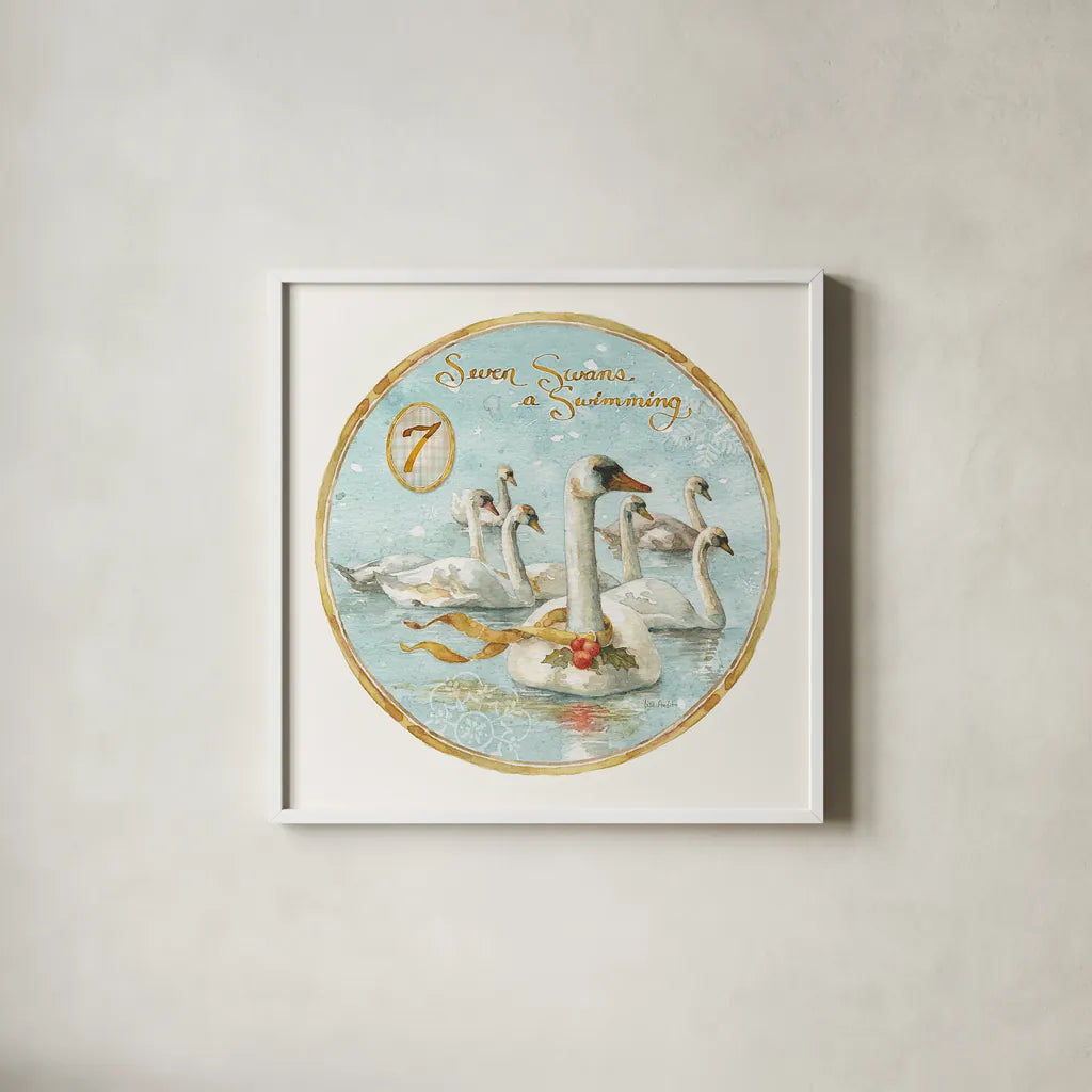 12 Days of Christmas VII Round by Lisa Audit. Shown in a crisp white glass frame for a clean and minimalist style. Available as an archival giclee rolled canvas, fine art paper, or poster print. SKU 32434a.