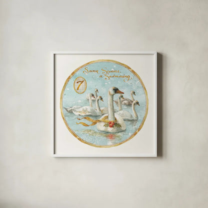 12 Days of Christmas VII Round by Lisa Audit. Shown in a crisp white glass frame for a clean and minimalist style. Available as an archival giclee rolled canvas, fine art paper, or poster print. SKU 32434a.