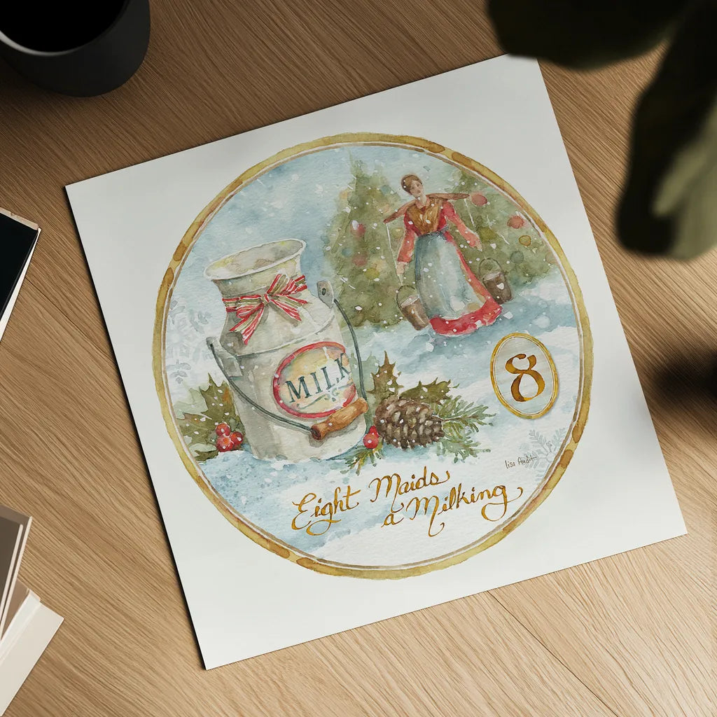12 Days of Christmas VIII Round by Lisa Audit. Shown as a detailed flat fine art print, highlighting archival giclee quality. Available as an archival giclee rolled canvas, fine art paper, or poster print. SKU 32435a.