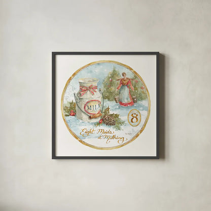 12 Days of Christmas VIII Round by Lisa Audit. Shown in a sleek black glass frame for a contemporary gallery look. Available as an archival giclee rolled canvas, fine art paper, or poster print. SKU 32435a.