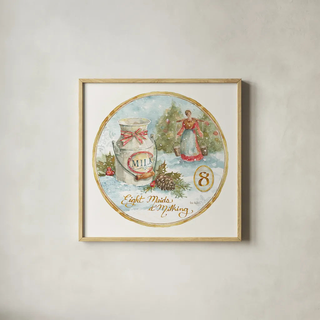 12 Days of Christmas VIII Round by Lisa Audit. Shown in a natural wood glass frame for a timeless modern aesthetic. Available as an archival giclee rolled canvas, fine art paper, or poster print. SKU 32435a.