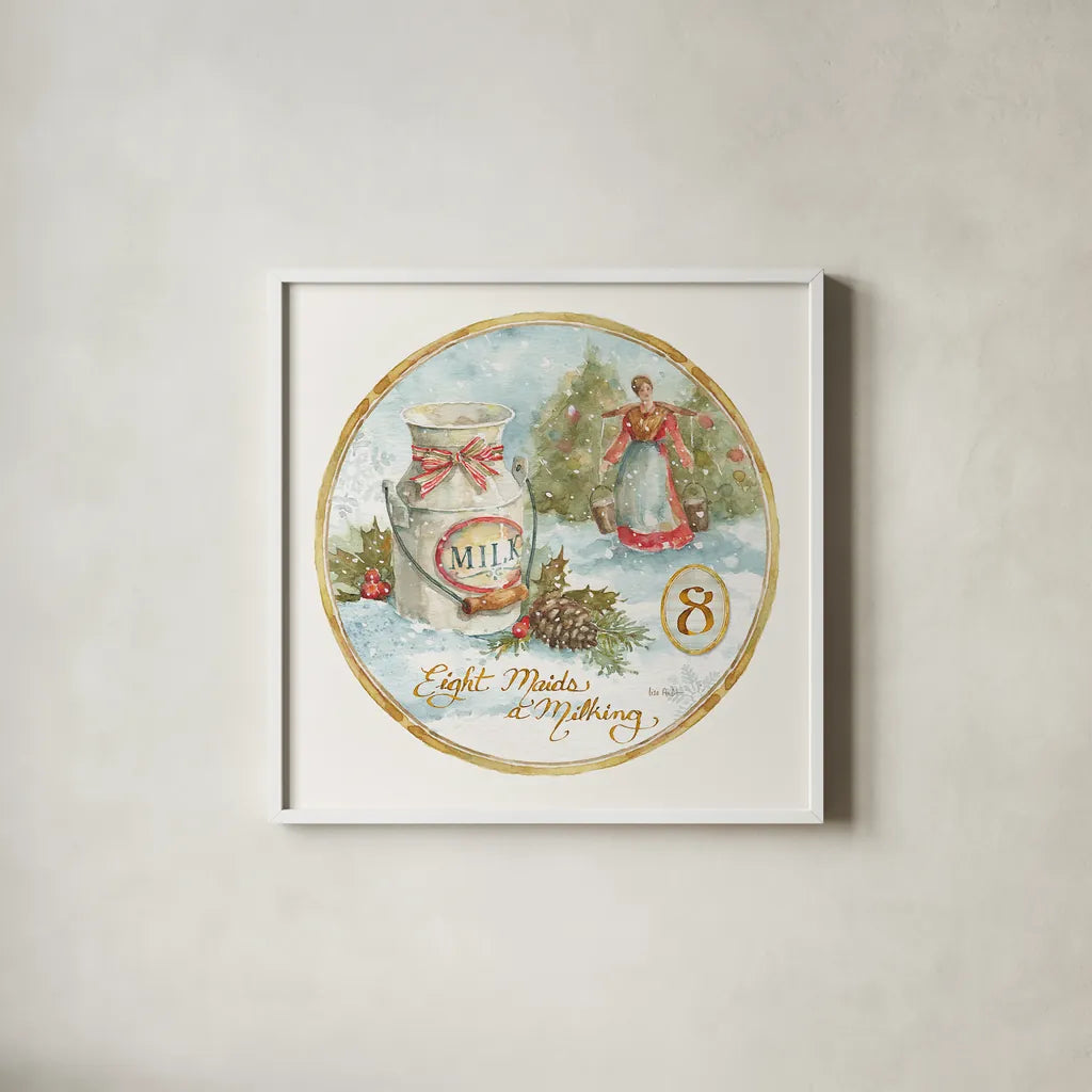 12 Days of Christmas VIII Round by Lisa Audit. Shown in a crisp white glass frame for a clean and minimalist style. Available as an archival giclee rolled canvas, fine art paper, or poster print. SKU 32435a.