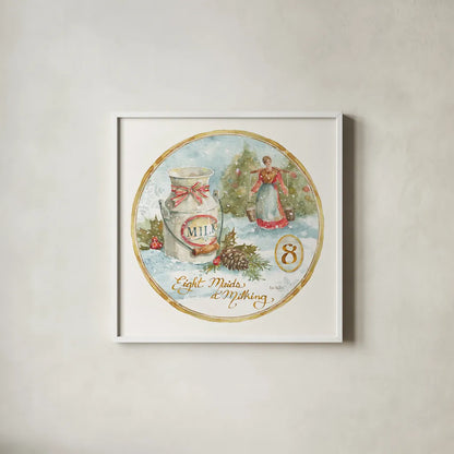 12 Days of Christmas VIII Round by Lisa Audit. Shown in a crisp white glass frame for a clean and minimalist style. Available as an archival giclee rolled canvas, fine art paper, or poster print. SKU 32435a.