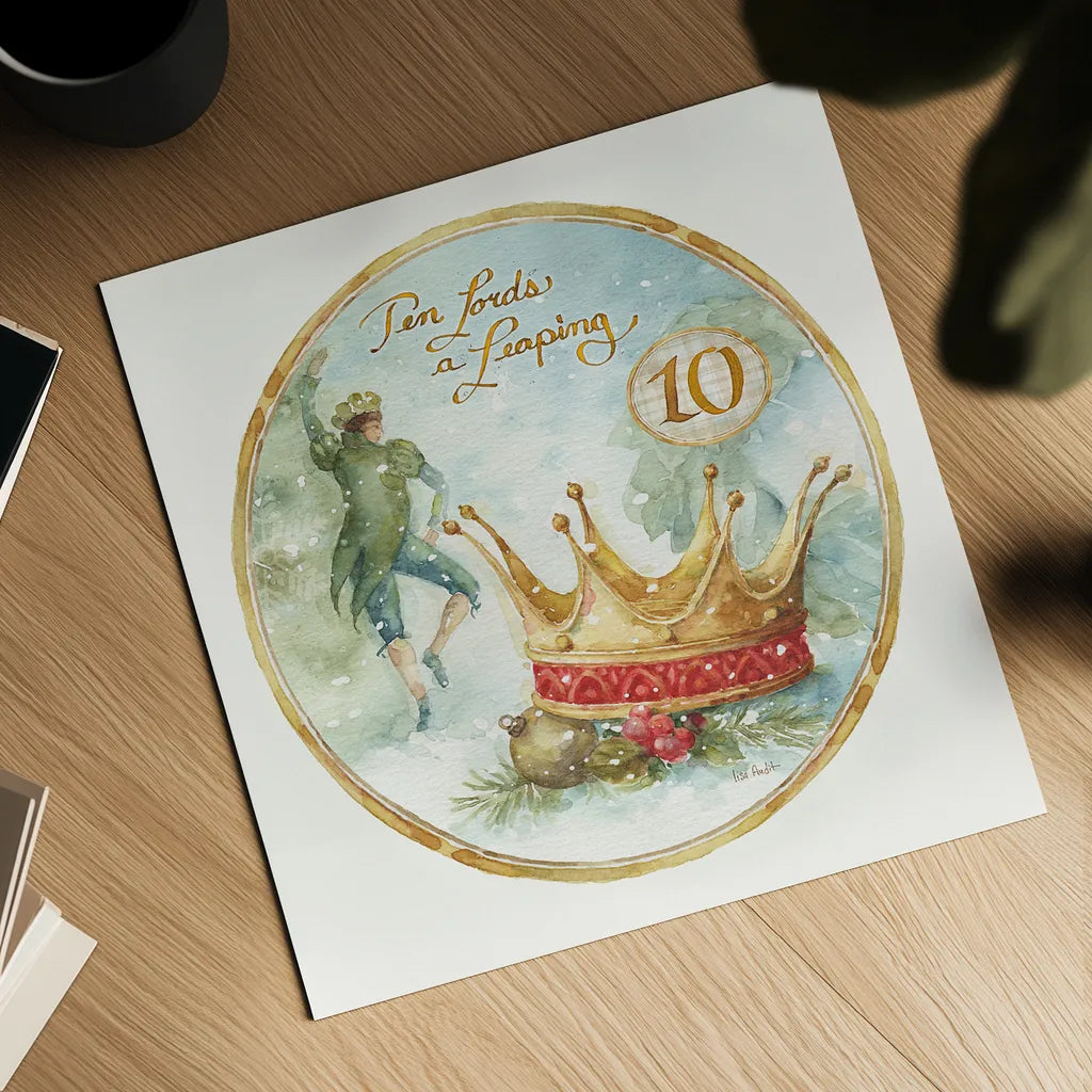 12 Days of Christmas X Round by Lisa Audit. Shown as a detailed flat fine art print, highlighting archival giclee quality. Available as an archival giclee rolled canvas, fine art paper, or poster print. SKU 32436a.