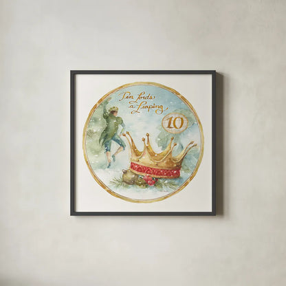 12 Days of Christmas X Round by Lisa Audit. Shown in a sleek black glass frame for a contemporary gallery look. Available as an archival giclee rolled canvas, fine art paper, or poster print. SKU 32436a.