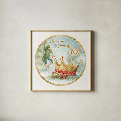 12 Days of Christmas X Round by Lisa Audit. Shown in a natural wood glass frame for a timeless modern aesthetic. Available as an archival giclee rolled canvas, fine art paper, or poster print. SKU 32436a.