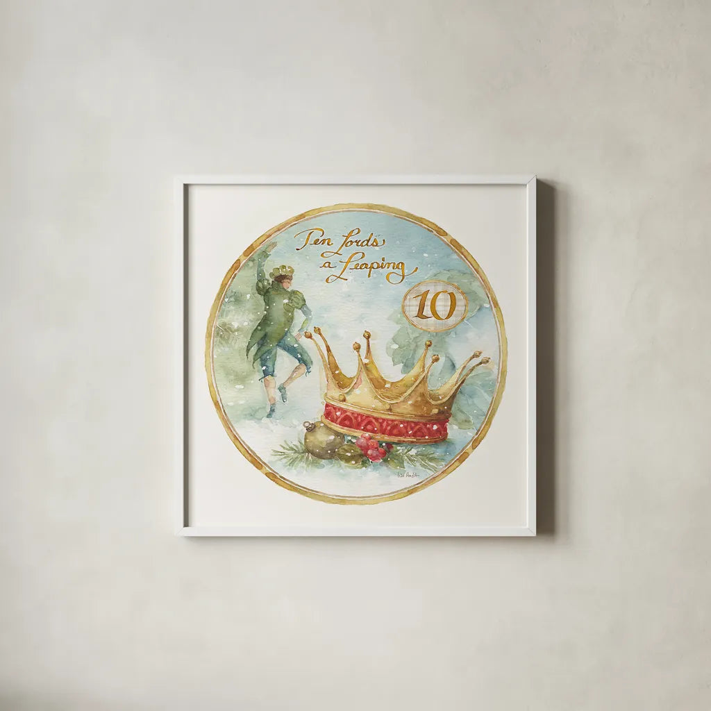 12 Days of Christmas X Round by Lisa Audit. Shown in a crisp white glass frame for a clean and minimalist style. Available as an archival giclee rolled canvas, fine art paper, or poster print. SKU 32436a.