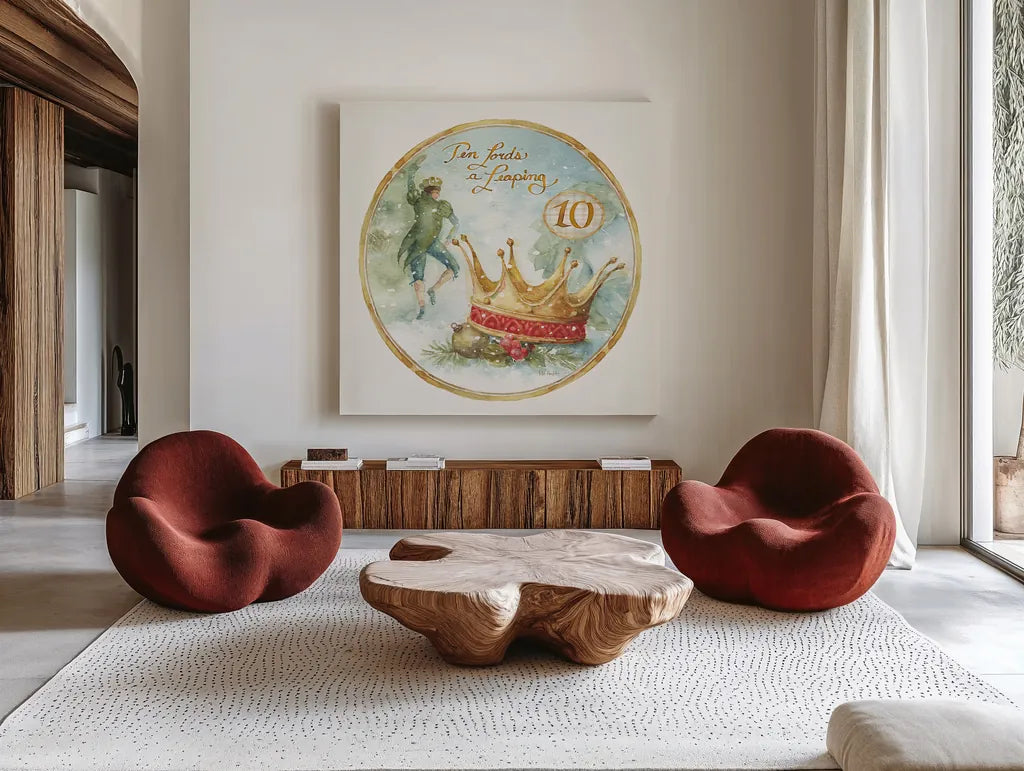 12 Days of Christmas X Round by Lisa Audit. Shown as extra-large giant wall art in a modern living room. Available as an archival giclee rolled canvas, fine art paper, or poster print. SKU 32436a.