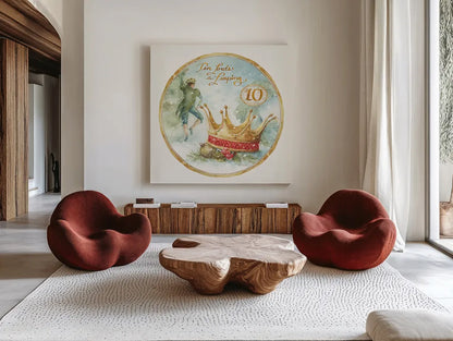 12 Days of Christmas X Round by Lisa Audit. Shown as extra-large giant wall art in a modern living room. Available as an archival giclee rolled canvas, fine art paper, or poster print. SKU 32436a.