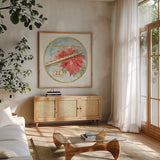 12 Days of Christmas XI Round by Lisa Audit. Shown in a natural wood frame in a cozy modern living room. Available as an archival giclee rolled canvas, fine art paper, or poster print. SKU 32437a.