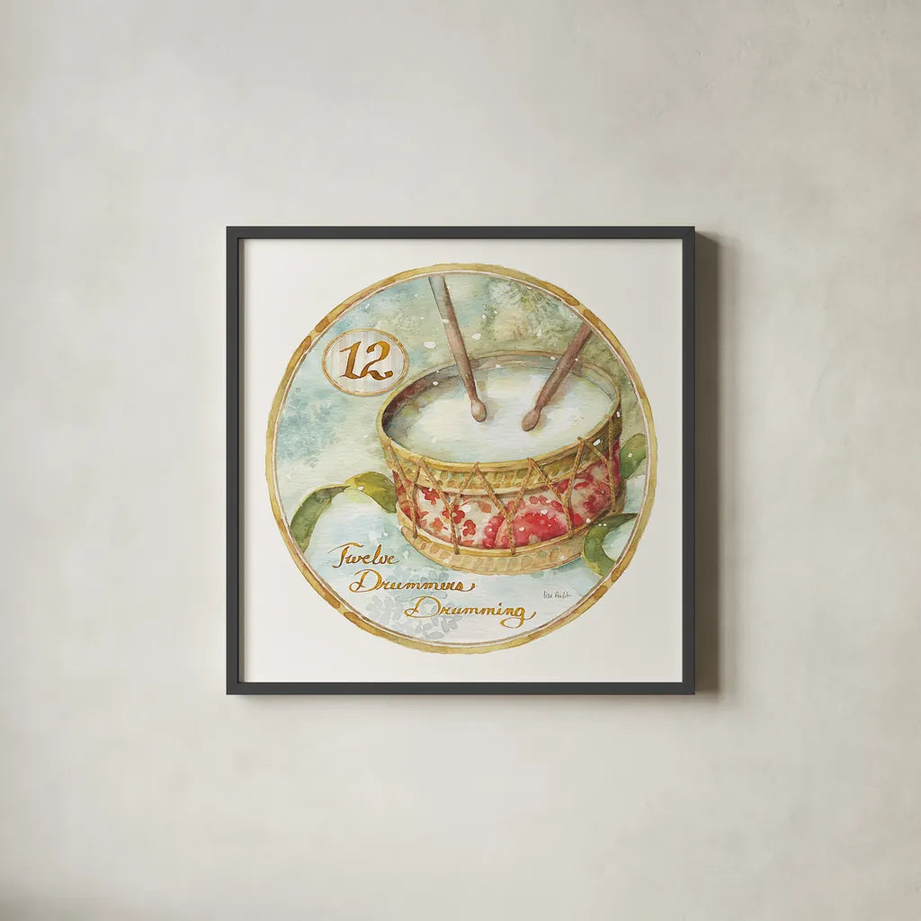 12 Days of Christmas XII Round by Lisa Audit. Shown in a sleek black glass frame for a contemporary gallery look. Available as an archival giclee rolled canvas, fine art paper, or poster print. SKU 32438a.