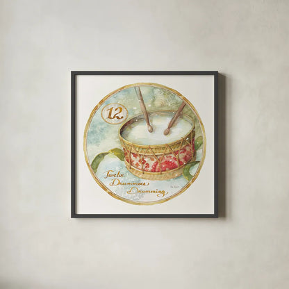 12 Days of Christmas XII Round by Lisa Audit. Shown in a sleek black glass frame for a contemporary gallery look. Available as an archival giclee rolled canvas, fine art paper, or poster print. SKU 32438a.