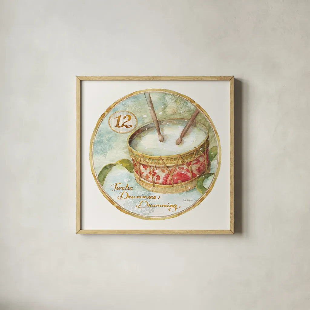12 Days of Christmas XII Round by Lisa Audit. Shown in a natural wood glass frame for a timeless modern aesthetic. Available as an archival giclee rolled canvas, fine art paper, or poster print. SKU 32438a.
