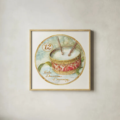 12 Days of Christmas XII Round by Lisa Audit. Shown in a natural wood glass frame for a timeless modern aesthetic. Available as an archival giclee rolled canvas, fine art paper, or poster print. SKU 32438a.