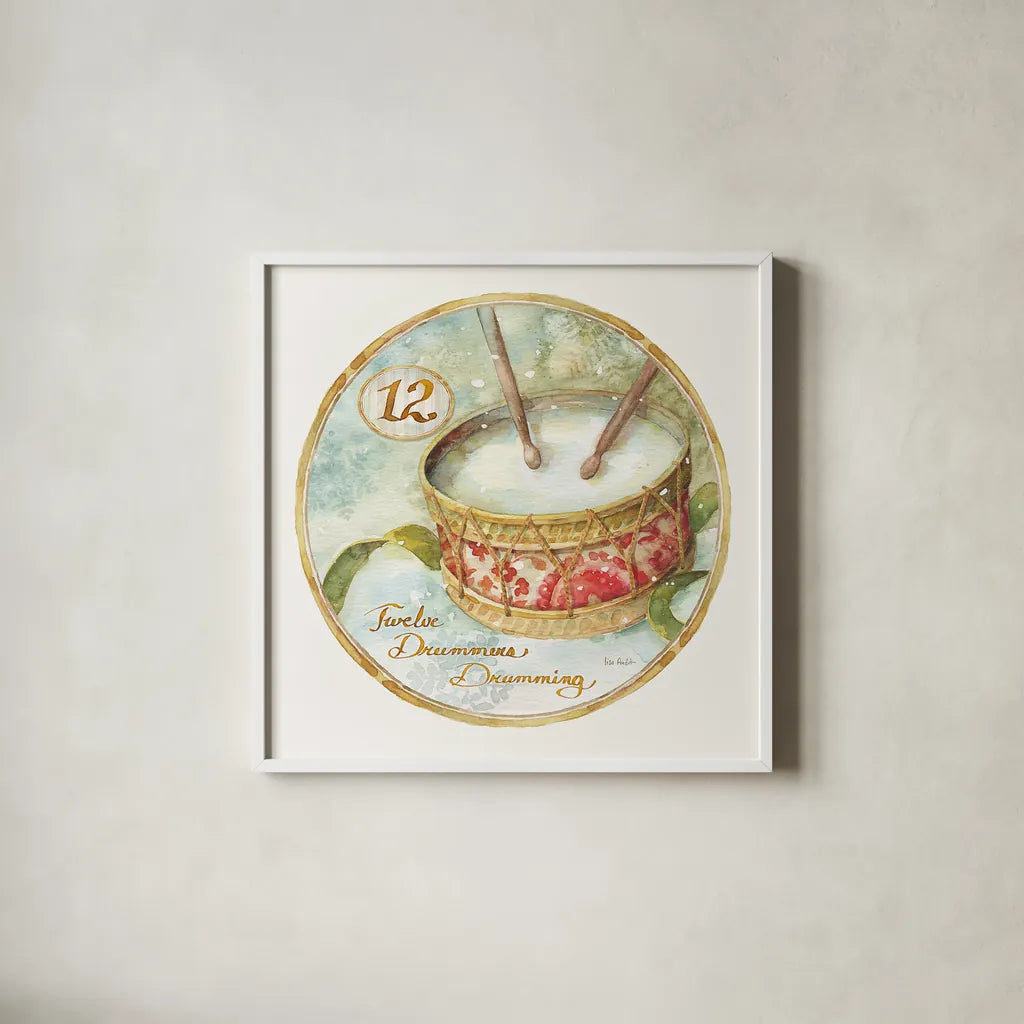 12 Days of Christmas XII Round by Lisa Audit. Shown in a crisp white glass frame for a clean and minimalist style. Available as an archival giclee rolled canvas, fine art paper, or poster print. SKU 32438a.