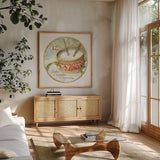 12 Days of Christmas XII Round by Lisa Audit. Shown in a natural wood frame in a cozy modern living room. Available as an archival giclee rolled canvas, fine art paper, or poster print. SKU 32438a.