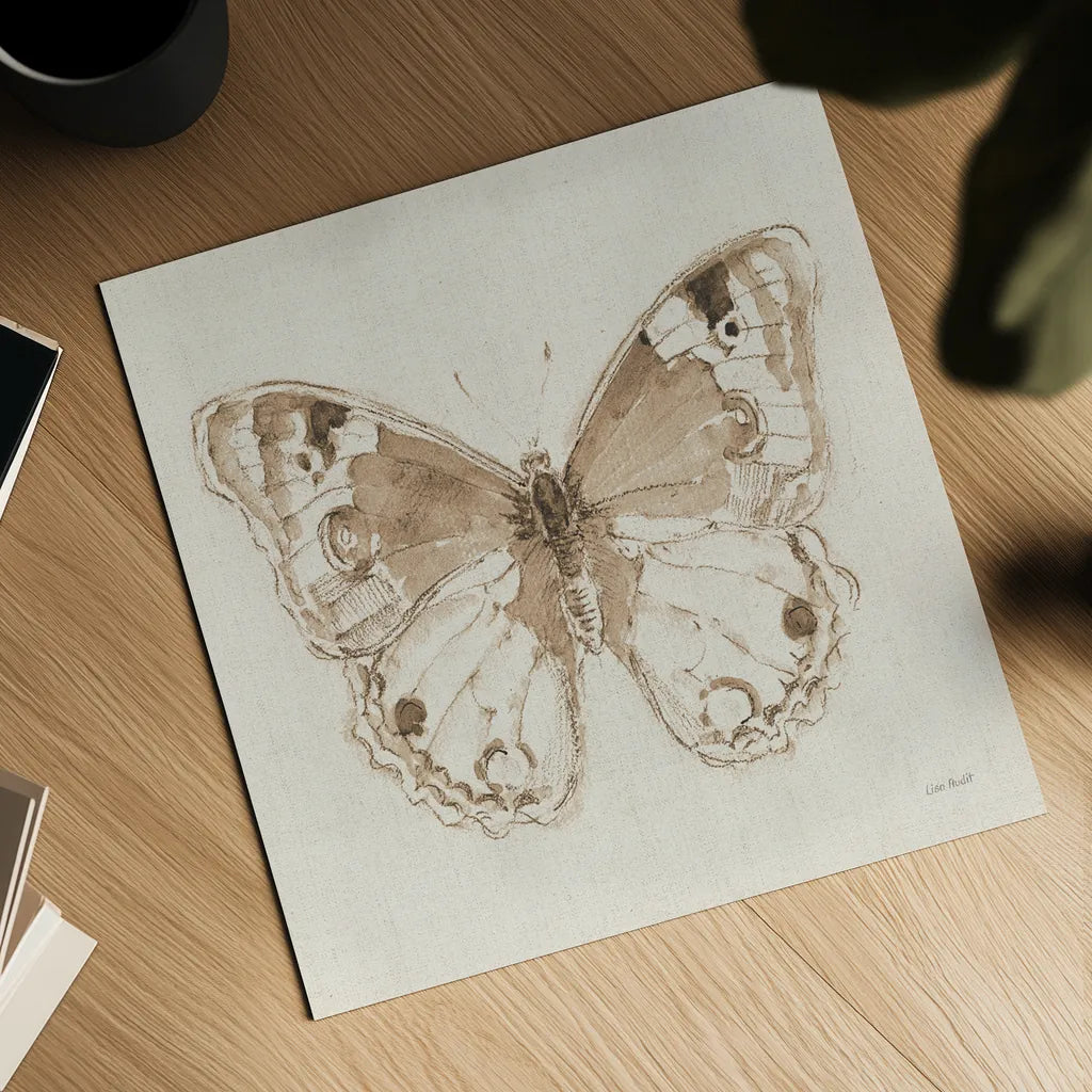 A Blue Note Butterfly I by Lisa Audit. Shown as a detailed flat fine art print, highlighting archival giclee quality. Available as an archival giclee rolled canvas, fine art paper, or poster print. SKU 99530a.