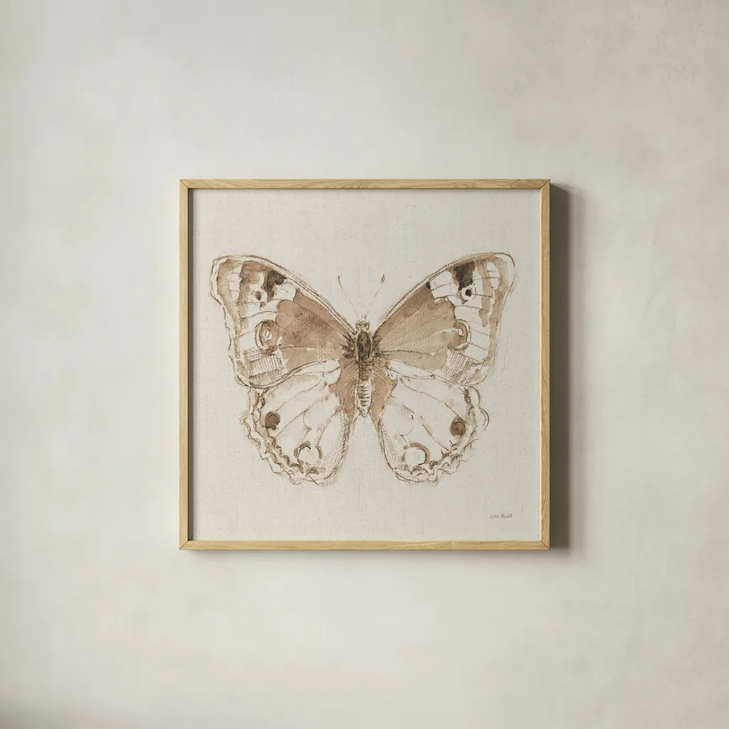 A Blue Note Butterfly I by Lisa Audit. Shown in a natural wood glass frame for a timeless modern aesthetic. Available as an archival giclee rolled canvas, fine art paper, or poster print. SKU 99530a.