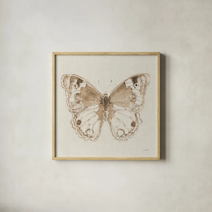 A Blue Note Butterfly I by Lisa Audit. Shown in a natural wood glass frame for a timeless modern aesthetic. Available as an archival giclee rolled canvas, fine art paper, or poster print. SKU 99530a.