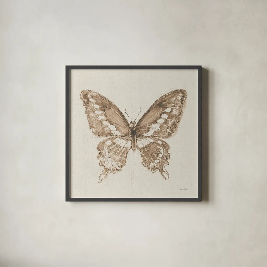 A Blue Note Butterfly II by Lisa Audit. Shown in a sleek black glass frame for a contemporary gallery look. Available as an archival giclee rolled canvas, fine art paper, or poster print. SKU 99531a.