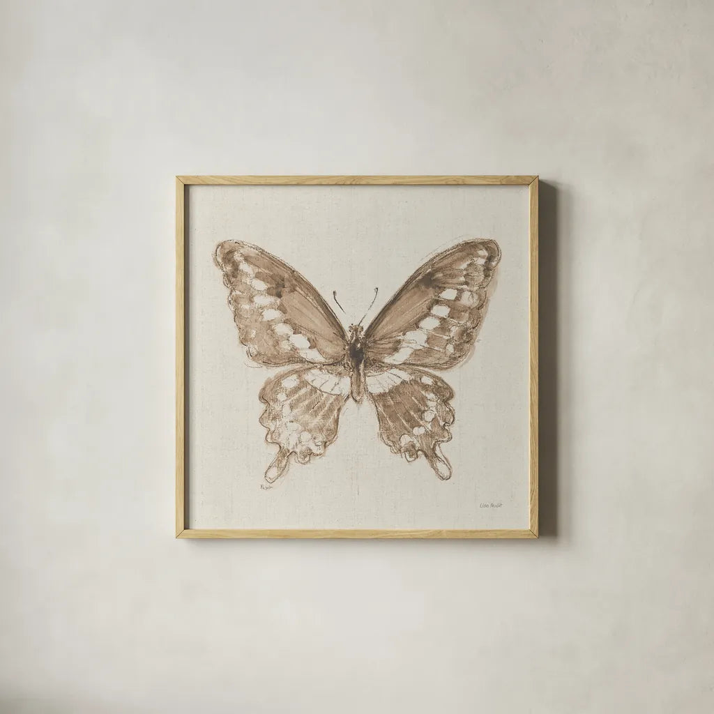 A Blue Note Butterfly II by Lisa Audit. Shown in a natural wood glass frame for a timeless modern aesthetic. Available as an archival giclee rolled canvas, fine art paper, or poster print. SKU 99531a.