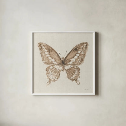 A Blue Note Butterfly II by Lisa Audit. Shown in a crisp white glass frame for a clean and minimalist style. Available as an archival giclee rolled canvas, fine art paper, or poster print. SKU 99531a.