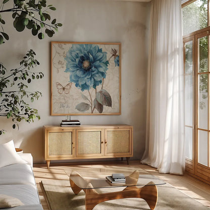 A Blue Note II by Lisa Audit. Shown in a natural wood frame in a cozy modern living room. Available as an archival giclee rolled canvas, fine art paper, or poster print. SKU 14800a.