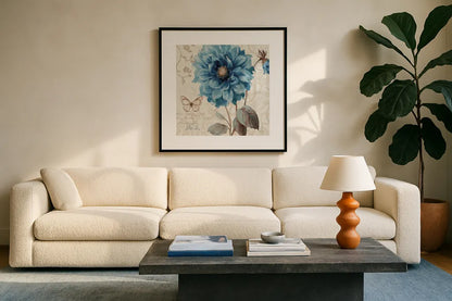 A Blue Note II by Lisa Audit. Displayed in a glass frame with matte in a clean modern living room. Available as an archival giclee rolled canvas, fine art paper, or poster print. SKU 14800a.