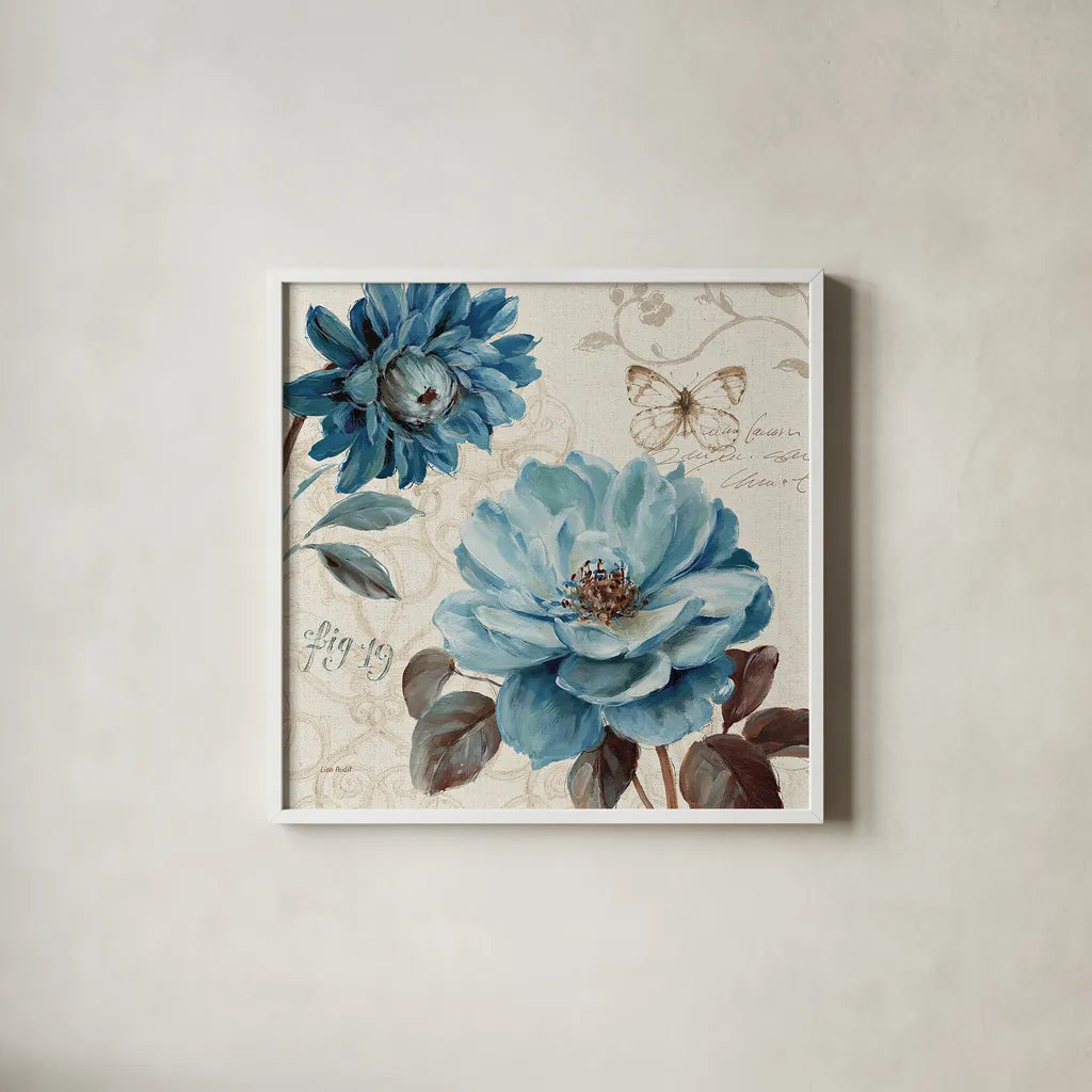 A Blue Note III by Lisa Audit. Shown in a crisp white glass frame for a clean and minimalist style. Available as an archival giclee rolled canvas, fine art paper, or poster print. SKU 14801a.