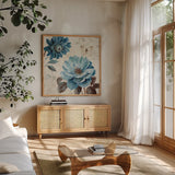 A Blue Note III by Lisa Audit. Shown in a natural wood frame in a cozy modern living room. Available as an archival giclee rolled canvas, fine art paper, or poster print. SKU 14801a.