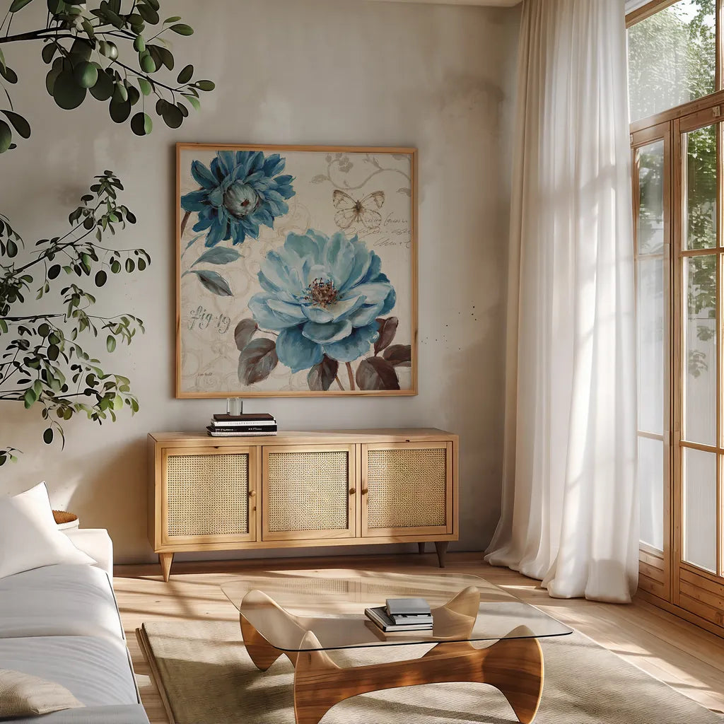 A Blue Note III by Lisa Audit. Shown in a natural wood frame in a cozy modern living room. Available as an archival giclee rolled canvas, fine art paper, or poster print. SKU 14801a.