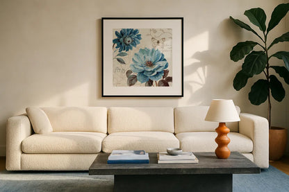 A Blue Note III by Lisa Audit. Displayed in a glass frame with matte in a clean modern living room. Available as an archival giclee rolled canvas, fine art paper, or poster print. SKU 14801a.