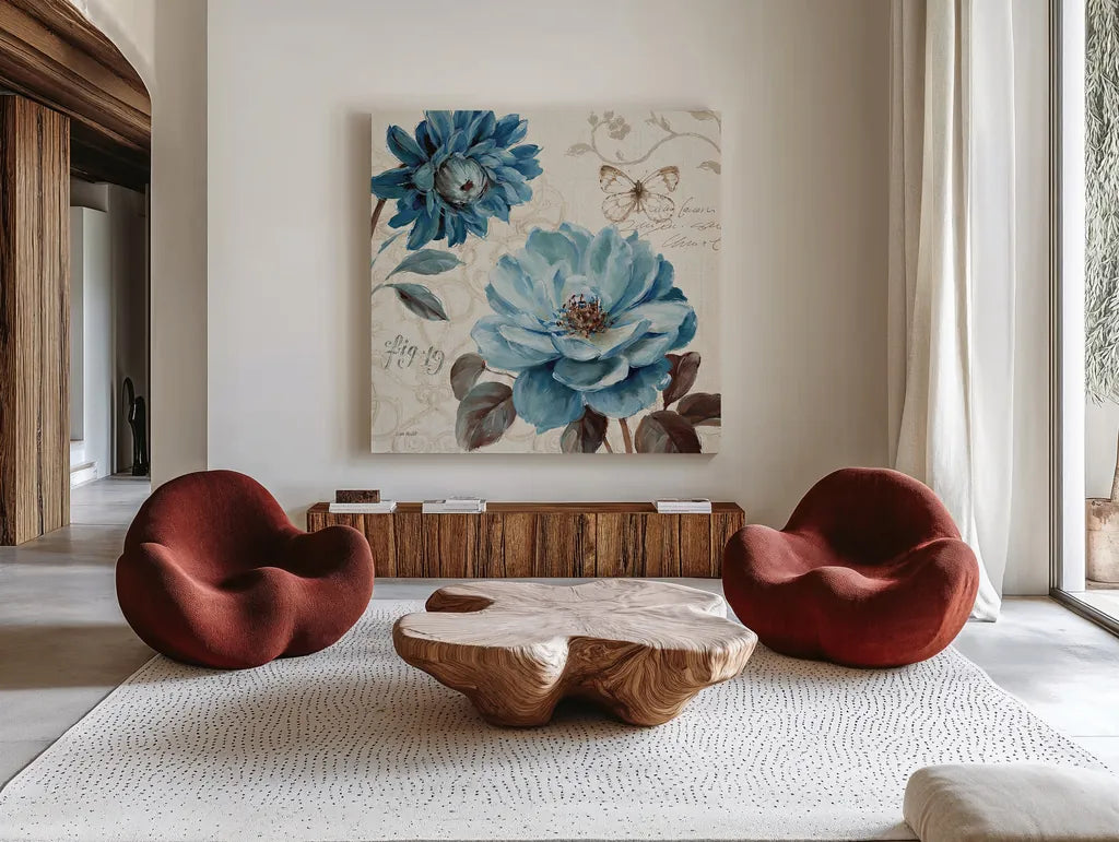 A Blue Note III by Lisa Audit. Shown as extra-large giant wall art in a modern living room. Available as an archival giclee rolled canvas, fine art paper, or poster print. SKU 14801a.