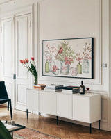 A Christmas Weekend I by Lisa Audit. shown as a framed stretched canvas in a living room above a console. Available as a archival giclee rolled canvas, fine art paper, or poster print. SKU 37211i.