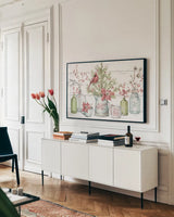 A Christmas Weekend I Shiplap by Lisa Audit. shown as a framed stretched canvas in a living room above a console. Available as a archival giclee rolled canvas, fine art paper, or poster print. SKU 37961i.