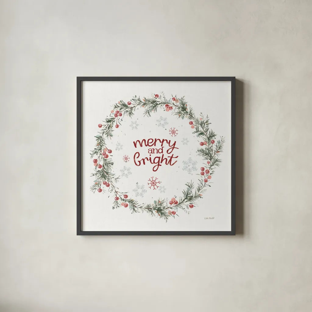 A Christmas Weekend Merry and Bright by Lisa Audit. Shown in a sleek black glass frame for a contemporary gallery look. Available as an archival giclee rolled canvas, fine art paper, or poster print. SKU 59678a.
