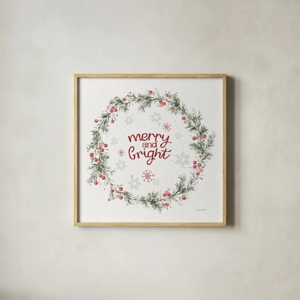 A Christmas Weekend Merry and Bright by Lisa Audit. Shown in a natural wood glass frame for a timeless modern aesthetic. Available as an archival giclee rolled canvas, fine art paper, or poster print. SKU 59678a.