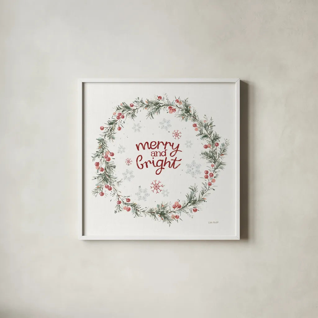 A Christmas Weekend Merry and Bright by Lisa Audit. Shown in a crisp white glass frame for a clean and minimalist style. Available as an archival giclee rolled canvas, fine art paper, or poster print. SKU 59678a.