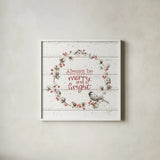 A Christmas Weekend V Shiplap by Lisa Audit. Shown in a crisp white glass frame for a clean and minimalist style. Available as an archival giclee rolled canvas, fine art paper, or poster print. SKU 37964a.