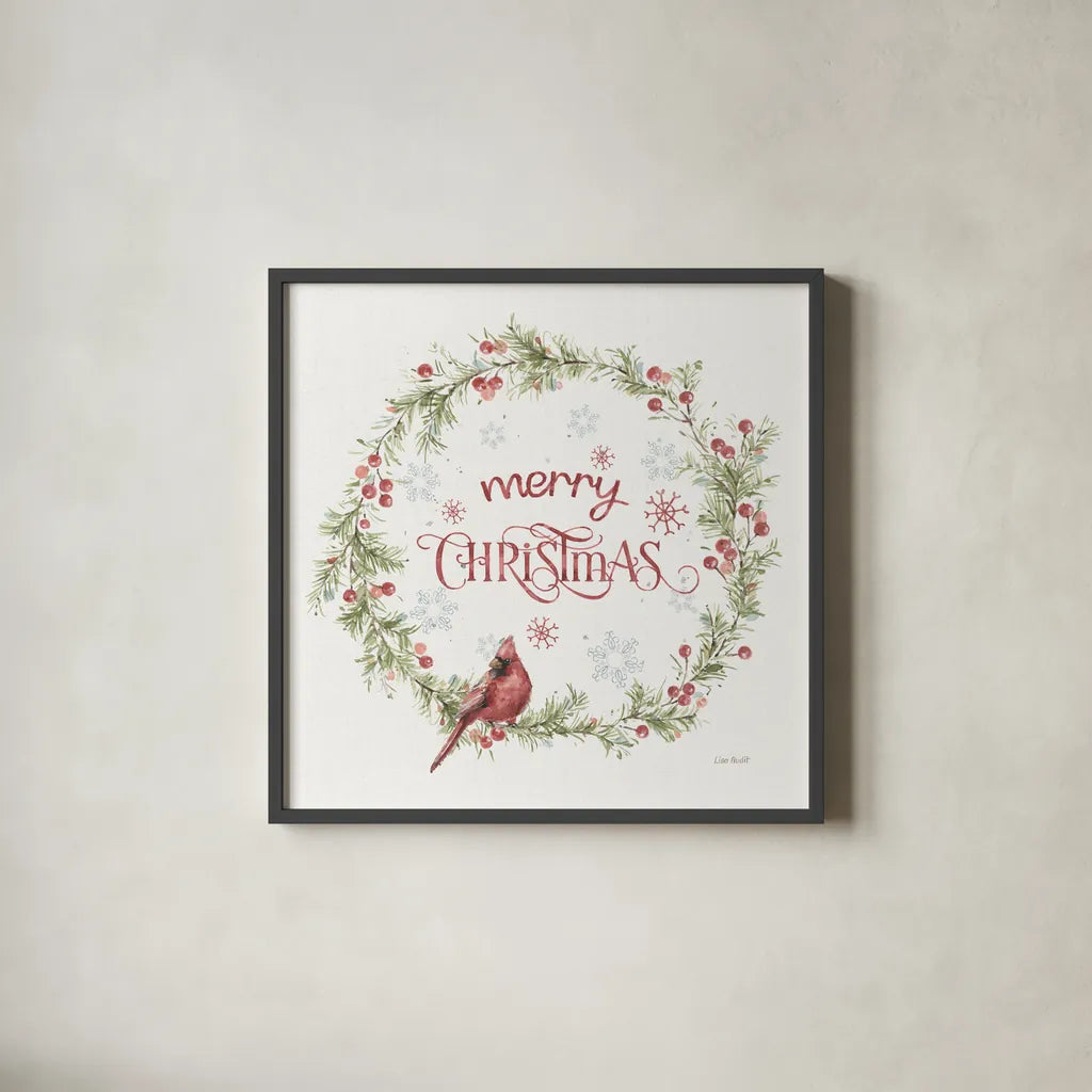 A Christmas Weekend VI Merry Christmas by Lisa Audit. Shown in a sleek black glass frame for a contemporary gallery look. Available as an archival giclee rolled canvas, fine art paper, or poster print. SKU 72261a.