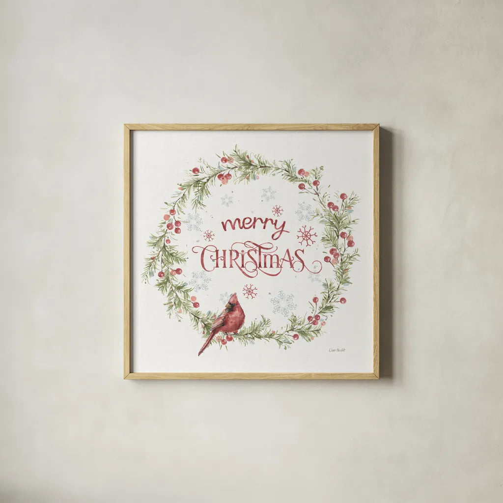 A Christmas Weekend VI Merry Christmas by Lisa Audit. Shown in a natural wood glass frame for a timeless modern aesthetic. Available as an archival giclee rolled canvas, fine art paper, or poster print. SKU 72261a.