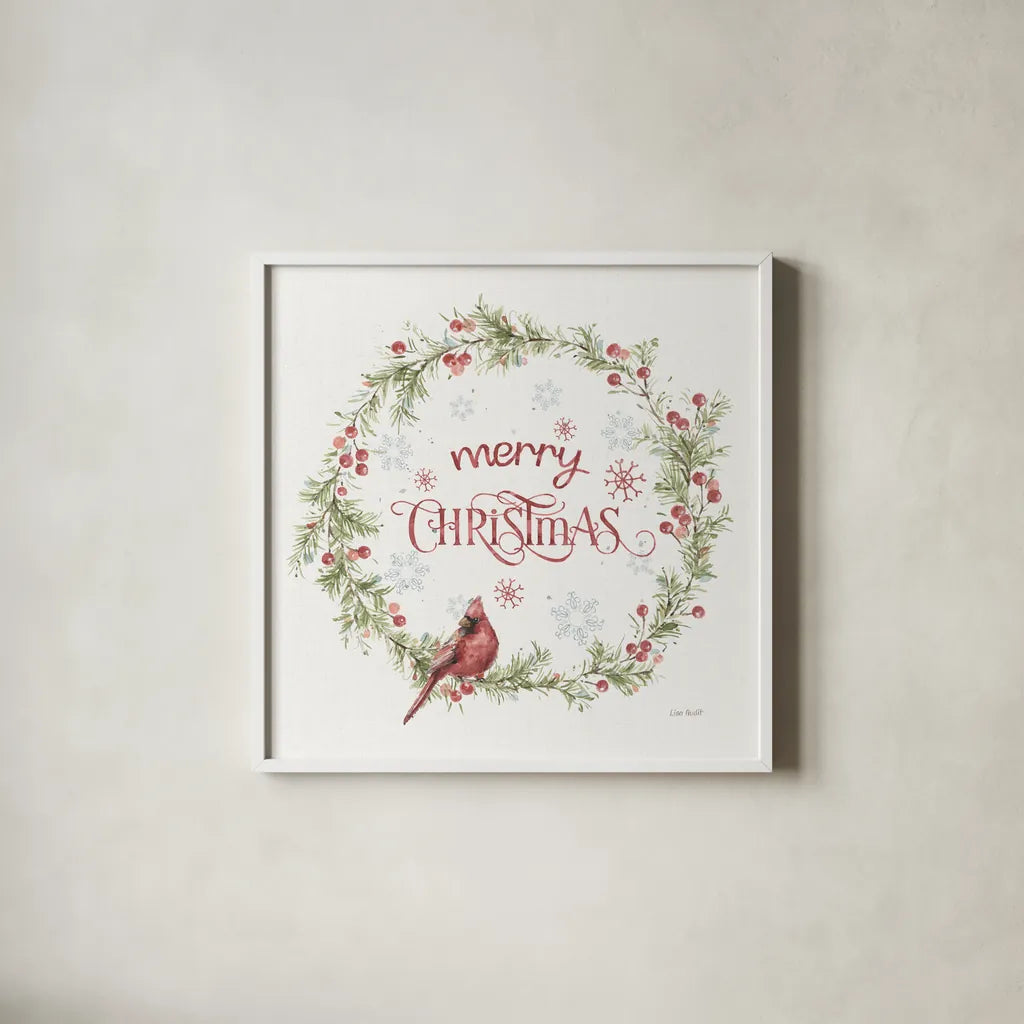A Christmas Weekend VI Merry Christmas by Lisa Audit. Shown in a crisp white glass frame for a clean and minimalist style. Available as an archival giclee rolled canvas, fine art paper, or poster print. SKU 72261a.