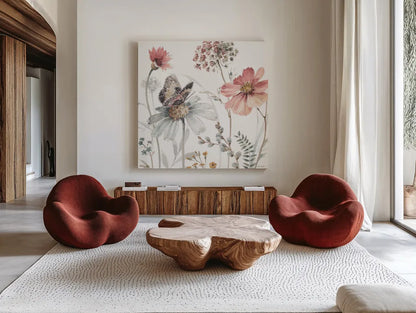 A Country Weekend II by Lisa Audit. Shown as extra-large giant wall art in a modern living room. Available as an archival giclee rolled canvas, fine art paper, or poster print. SKU 32679a.