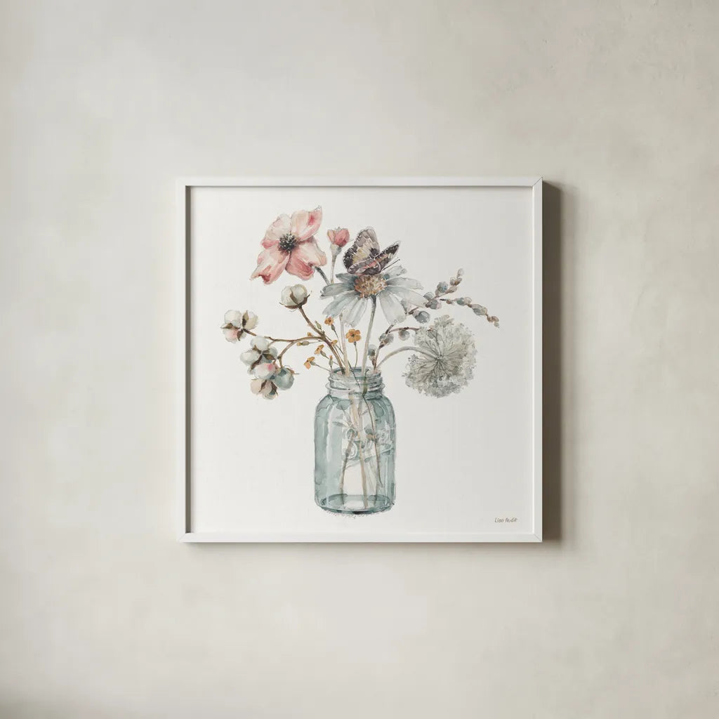 A Country Weekend IX by Lisa Audit. Shown in a crisp white glass frame for a clean and minimalist style. Available as an archival giclee rolled canvas, fine art paper, or poster print. SKU 32686a.